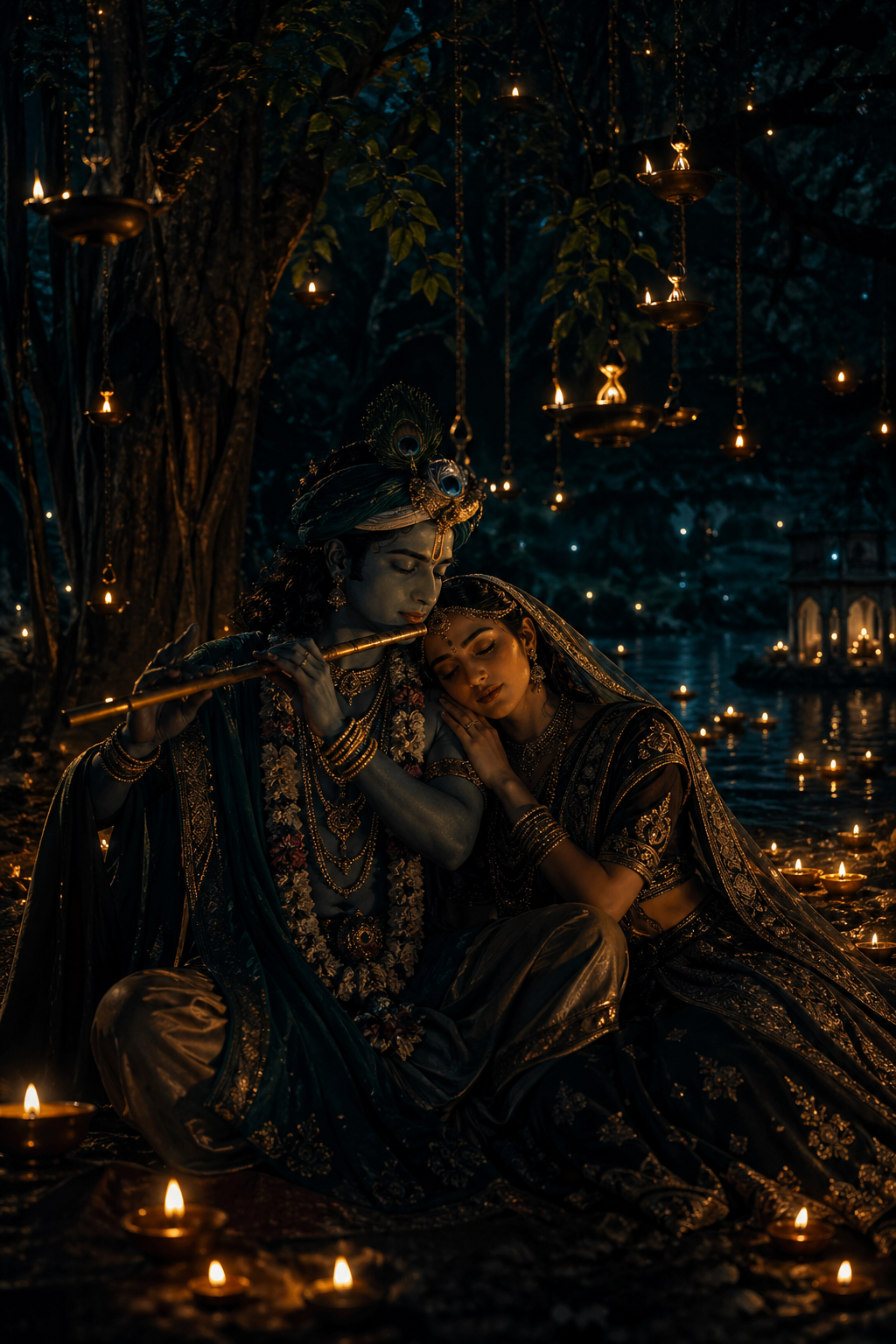 Radha Krishna in dark forest at night illuminated by dozens of floating oil lamps cinematic atmosphere